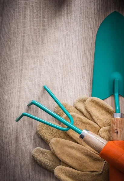 Guantes de trabajo, pala de mano y rastrillo —  Fotos de Stock