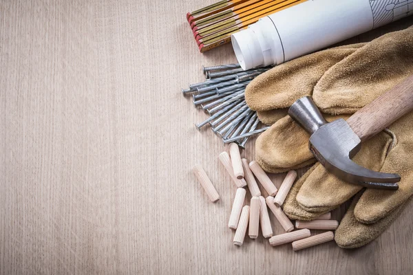 Meter, Dübel, Konstruktionszeichnungen, Hammer — Stockfoto