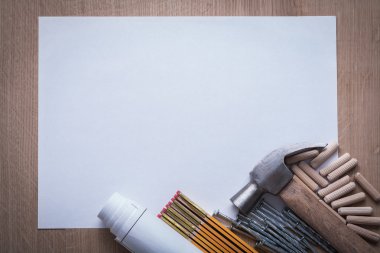 ölçer, planları, kağıt, çivi, çekiç