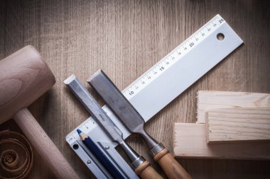 Wooden bricks, hammer, firmer chisels