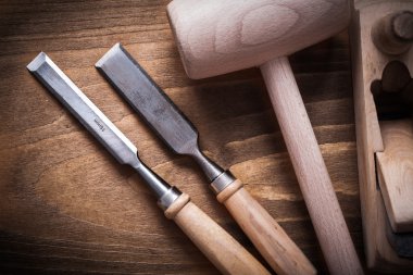 Wooden hammer, shaving plane, chisels