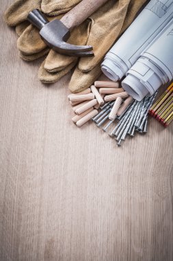 meter, dowels, hammer, protective gloves