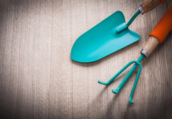 Gardening hand spade with metal rake — Stock Photo, Image