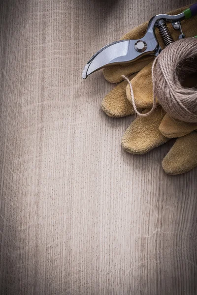 Guantes, podadora de jardín y mango de cuerda — Foto de Stock