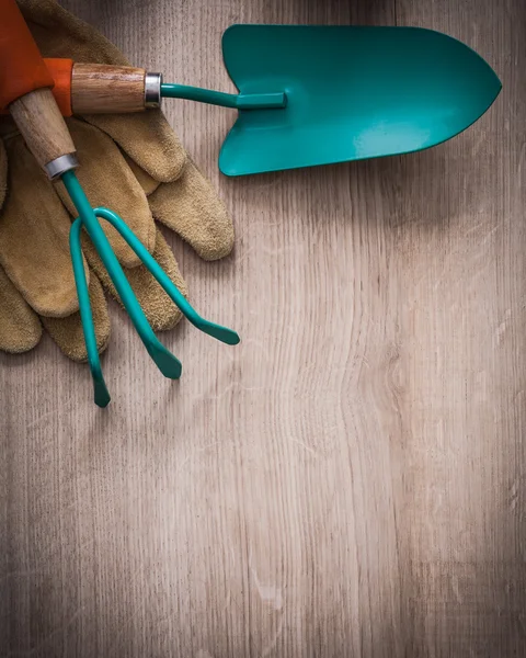Handskar, trädgårdsarbete murslev och rake — Stockfoto