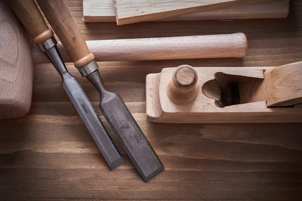 Wooden hammer, planner, chisels — Stock Fotó