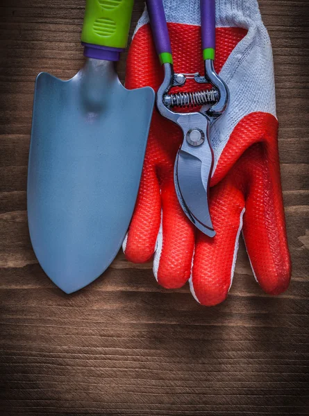 Protective glove, garden pruner and shovel — Stock Photo, Image