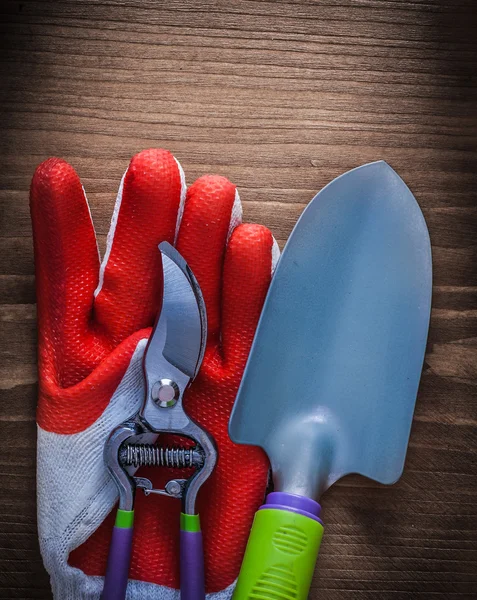 Protective glove, pruning shears and trowel — Stock Photo, Image