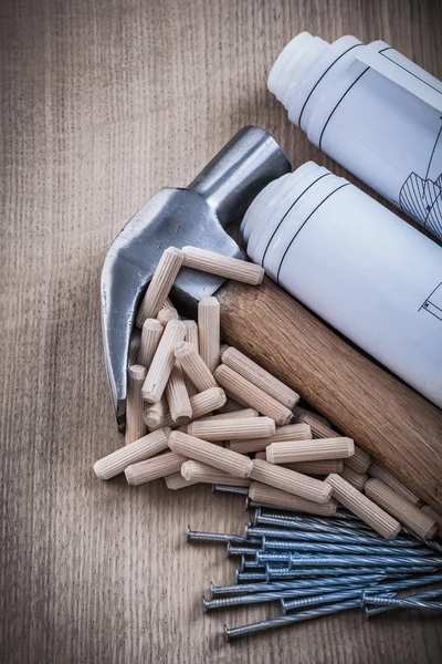 Blueprints, hammer, dowels and nails — Stock Photo, Image