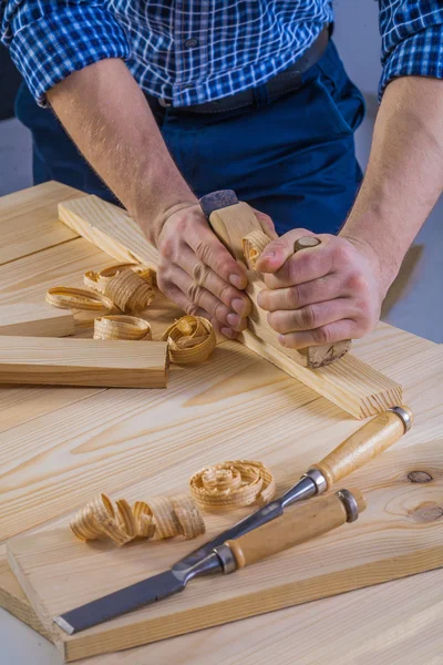 Work of joiner with woodworkers plane — Stock Photo, Image