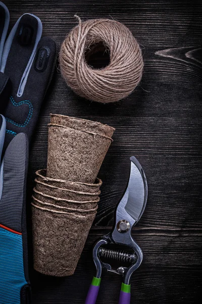 Guantes de protección, tijeras de podar, macetas de turba —  Fotos de Stock