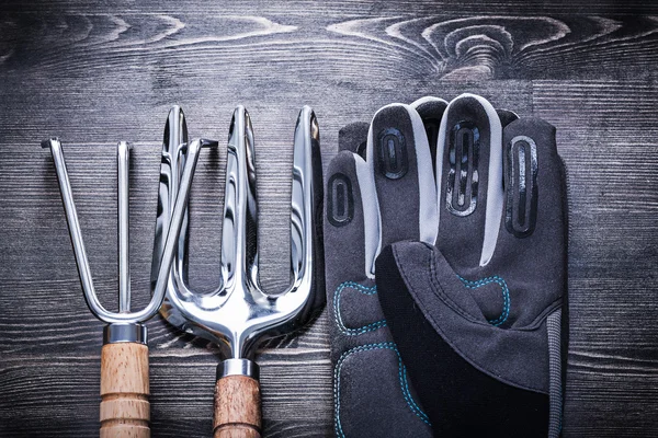 Rastrillo, tenedor de paleta y guantes protectores — Foto de Stock