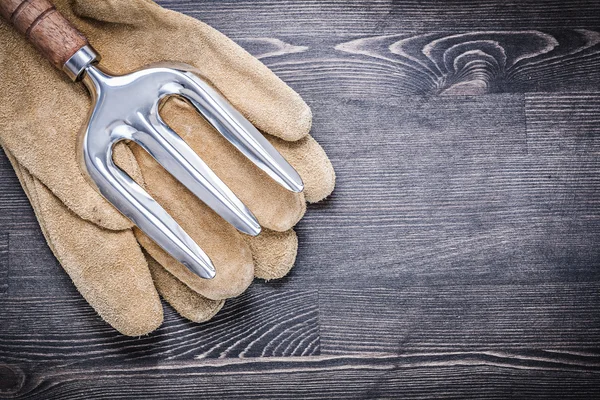 Trowel fork and leather gloves — Stock Photo, Image