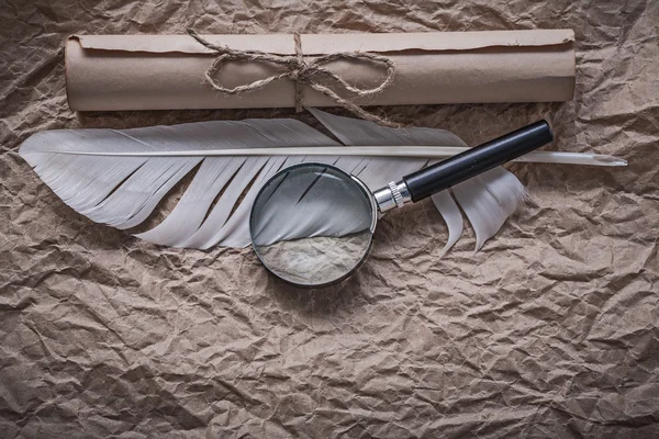 Vintage quill, magnifier, corded scroll — Stock Photo, Image