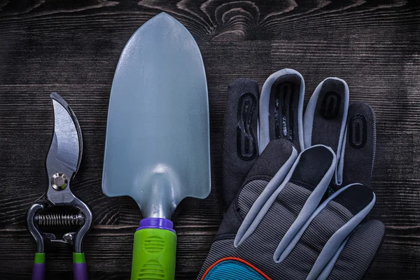 Ochranné rukavice, zahradní nůžky a rýč — Stock fotografie