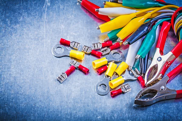 Multicolored crocodile plugs and electrical connectors — Stock Photo, Image