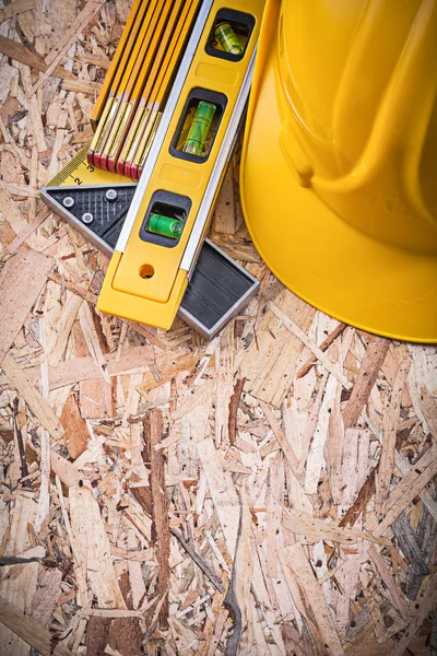 Ruler, construction level, building helmet — Stock Photo, Image