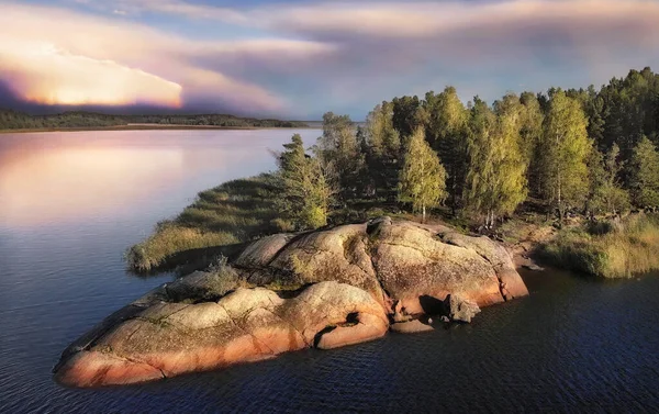 Isola Forma Coccodrillo Nella Baia Vyborg Vista Aerea Con Tempesta — Foto Stock