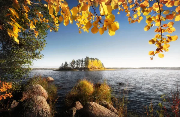 Prachtig Zonnig Herfsteiland Frame Van Gouden Bladeren Stenen Val Baai — Stockfoto