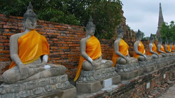 AYUTTHAYA. TAILANDIA - CIRCA FEB 2015: Esculturas de Buda en un antiguo patio del templo en Wat Yai Chai Mongkhon en Ayutthaya. Tailandia . — Vídeo de stock