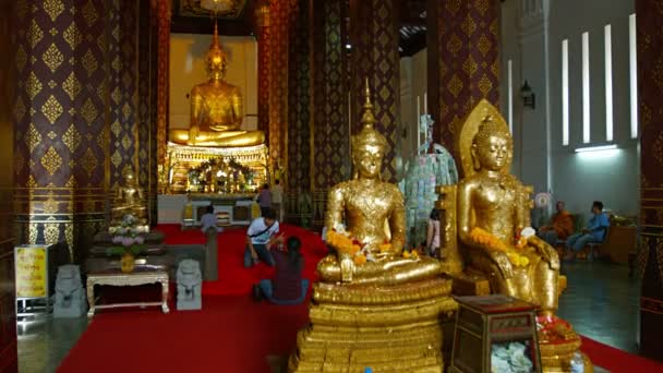 Ayuthaya. Thailand-circa feb 2015: toerist kneelt en zit te poseren voor een foto in de voorkant van een immense Boeddha standbeeld in wat na Phramen in Ayutthaya. Thailand. — Stockvideo