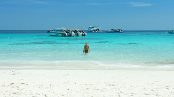 Tourist wading ashore from the beautiful. blue. crystal clear waters of the Similan Islands. a national park of Thailand. — Stock Video