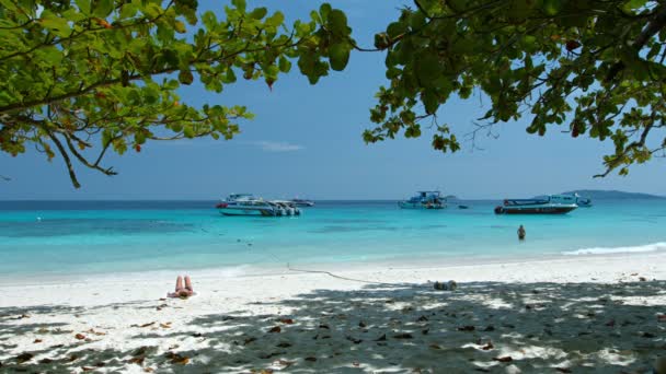 Туристы купаются на солнце, как нежные волны мыть красивую. Тропический пляж на Ко Слайдан. один из охраняемых островов Таиланда . — стоковое видео