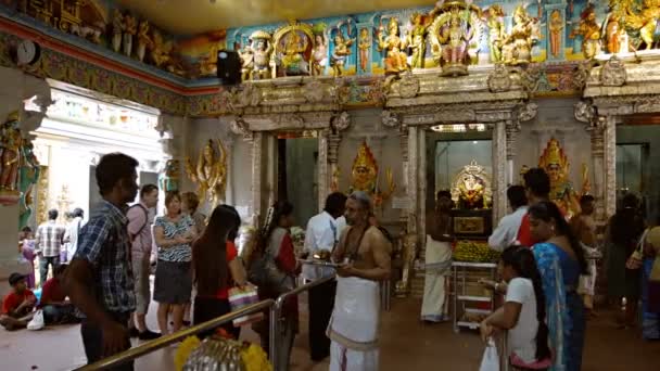 ヒンズー教の崇拝者は、祈りし、供物をシンガポールのインド地区のお寺の中に来る。回東南アジア — ストック動画