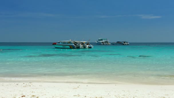 Colorful tour boats at anchor. just of Koh Similan. the largest of Thailand's protected Similan Islands. — Stock Video