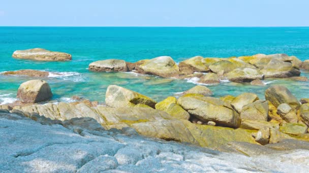 Τροπικό θαλασσινό νερό λείανση απαλά στα βράχια σε χαμηλή παλίρροια — Αρχείο Βίντεο