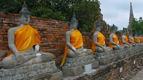 AYUTTHAYA. TAILANDIA - CIRCA FEB 2015: Esculturas de Buda en un antiguo patio del templo en Wat Yai Chai Mongkhon en Ayutthaya. Tailandia . — Vídeos de Stock