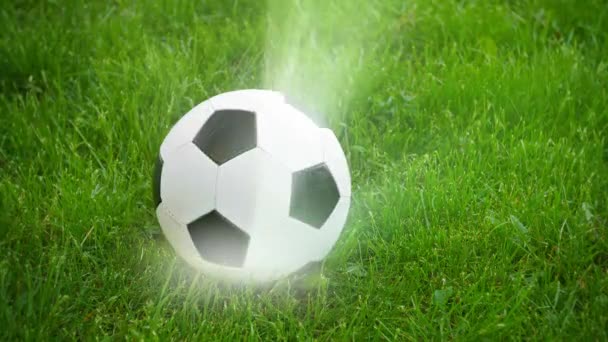 Video 1080p - Fußballball dreht sich mit Lichtstrahlen auf dem Feld — Stockvideo