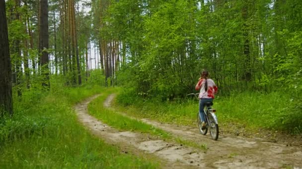 Видео 1080p - Маленькая девочка быстро ездит на велосипеде по солнечному лесу — стоковое видео