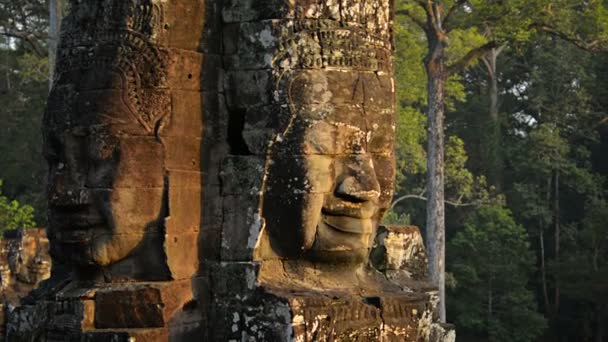 Twin Faces of Ancient Religious Monument at Bayon Temple — Stock Video