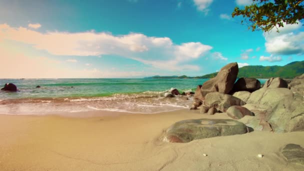 Tropical beach, emberek nélkül. Sziklák és a sárga homok. Thaiföld. Phuket — Stock videók