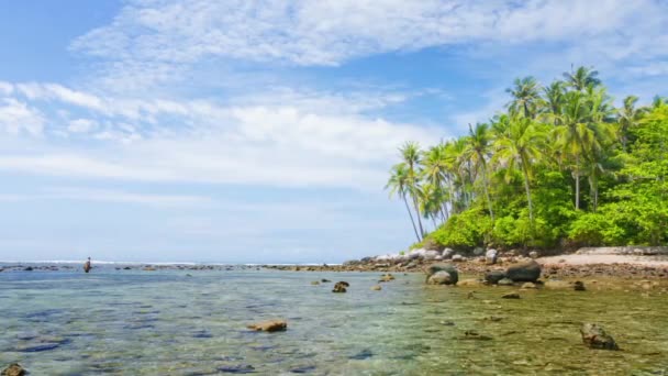 Man waden in het ondiepe water langs Wild tropisch strand in Thailand — Stockvideo