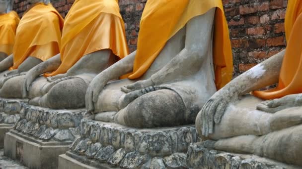 Slow. retreating zoom shot of a long row of ancient. identical Buddha statues. draped in yellow sashes. at Wat Yai Chai Mongkhon in Ayutthaya. Thailand. — Stock Video