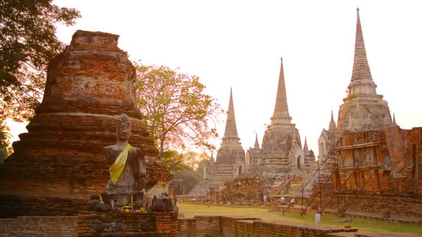 観光客。タイのアユタヤ歴史公園で古代の仏塔の中で散歩 — ストック動画