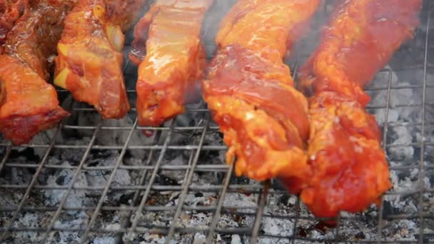 Carne no Grill num churrasco em Vientiane. Laos. — Vídeo de Stock