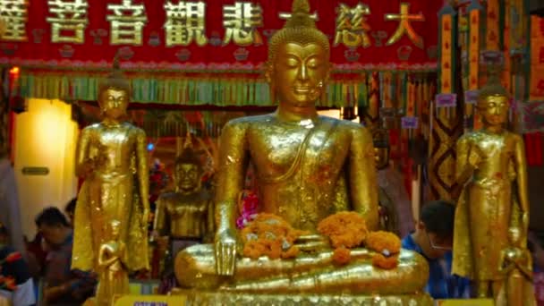 AYUTHAYA. THAÏLANDE - CIRCA FEB 2015 : Un seul adorateur bouddhiste s'arrête pour laisser une offrande à un immage sculpté du Bouddha à Wat Phanan Choeng à Ayutthaya. Thaïlande . — Video
