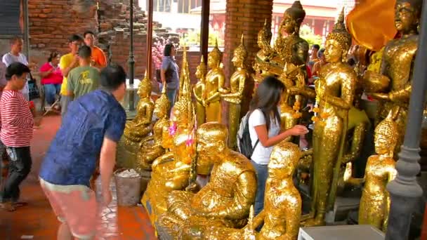 Ayutthaya. Thailand-circa feb 2015: Boeddhistische aanbidders presenteren aanbod aan standbeelden van vereerd monniken en sculpturen van Boeddha in Ayutthaya Historical Park in Thailand. — Stockvideo