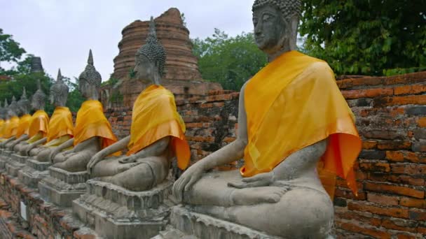 Lange rij van oude. Identiek. handgesneden Boeddha sculpturen. weergegeven in een rij op bakstenen trappen in wat Yai Chai Mongkhon in Ayutthaya. Thailand. — Stockvideo