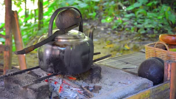 Μαύρη χύτρα θέρμανσης πάνω από μια υπαίθρια φωτιά μαγειρικής στην Ασία — Αρχείο Βίντεο