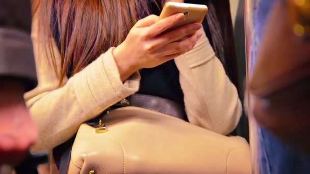 Frau schreibt SMS auf ihrem Smartphone in der U-Bahn — Stockvideo