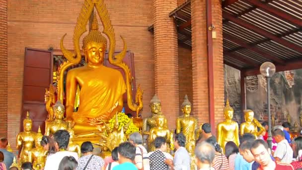 Adorateurs bouddhistes offrant des offrandes et priant pour les statues du Bouddha et des moines vénérés à un teimple dans le parc historique d'Ayutthaya en Thaïlande . — Video