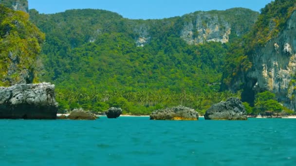Kalkstenen kliffen over een beschermde natuurlijke haven — Stockvideo