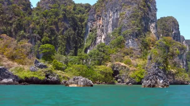 Acantilados de piedra caliza que se elevan sobre una playa tropical rocosa — Vídeo de stock