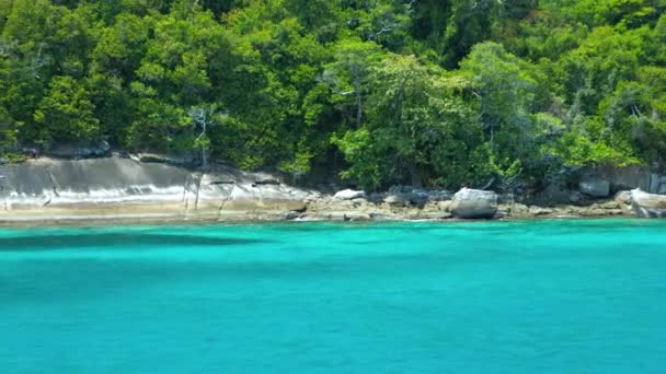 De kustlijn van een tropisch eiland met rotsen en bomen — Stockvideo