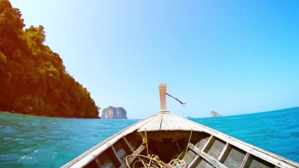 Cruising by a Tropical Island in a Handmade Wooden Motorboat — Stock Video