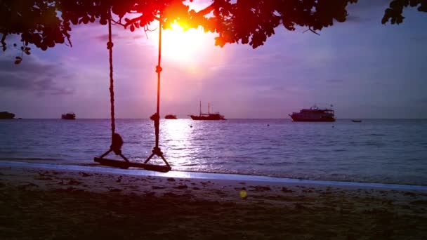 Lano Swing siluetu na tropické pláži při západu slunce — Stock video
